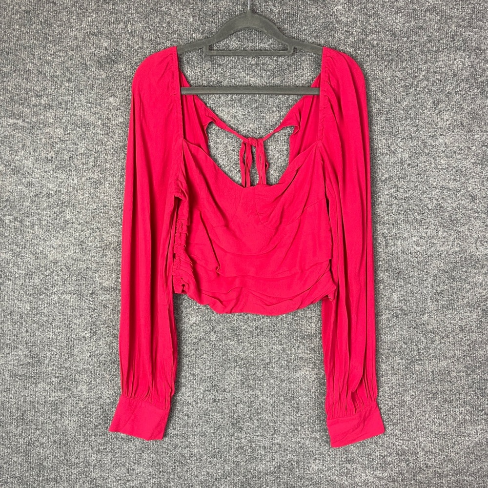 New Lulus Pink Ruched Square Neck‎ Tie Back Long Sleeve Crop Top Womens Large